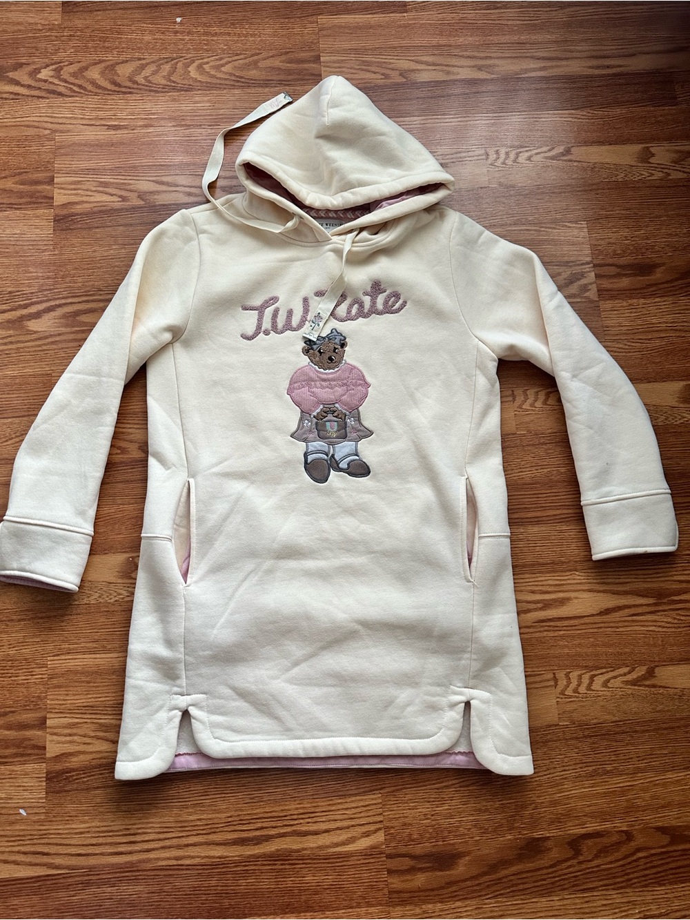 Kids Teenie Weenie Cream Hoodie Dress with Pink Bear Embroidery